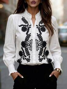 Women's White Floral Leaf Embroidered Stand Collar Long Sleeve Button Front Ruffle Cuff Shirt For Casual Vacation Home Holiday Spring Autumn Winter - White - View 9