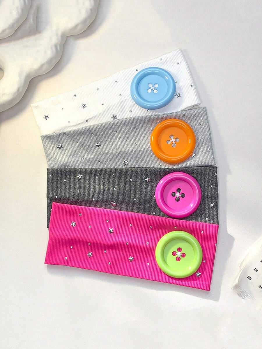1pc Women's Y2K Rhinestone Knit Headband With Oversized Button, Soft Stretch Wide Hairband, Punk Streetwear Hair Accessory For Daily Outfits - Multicolor - View 1