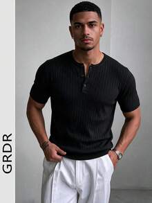 GRDR Men's Classic Ribbed Solid Color Knit Short Sleeve T-Shirt, Suitable For Summer Casual Gatherings - Black - View 4