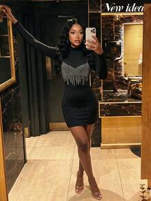 NEW IDEA Women's Sexy Edgy Black Fall Winter Short Dress, Mock Neck Long Sleeve Rhinestone Fringe Bodycon Dress For Night Out, Club, Cocktail & Party - Black - View 6
