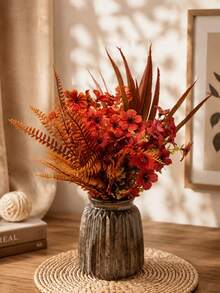 4pcs Artificial Fall Flowers With Vase, Autumn Faux Floral Arrangement With Orange & Red Blooms And Fern Leaves, Thanksgiving Table Centerpiece, Rustic Farmhouse Decor For Dining Table, Kitchen, Living Room & Home - Multicolor - View 7