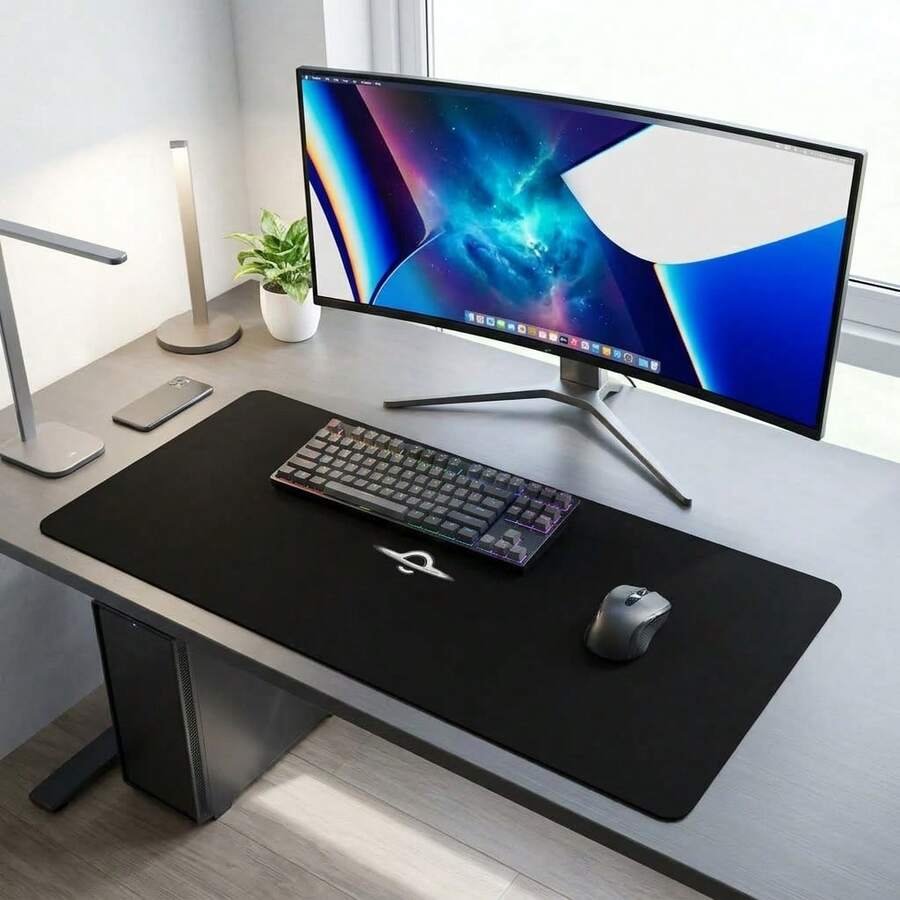 Black Background Minimalist Spaceship Pattern Extra Long Gaming Mouse Pad And Desk Mat Set, Non-Slip Durable Rubber Base, Smooth Surface, Suitable For PC Laptop Office Home, Abstract Art Decor, Back To School Supplies - A - View 1