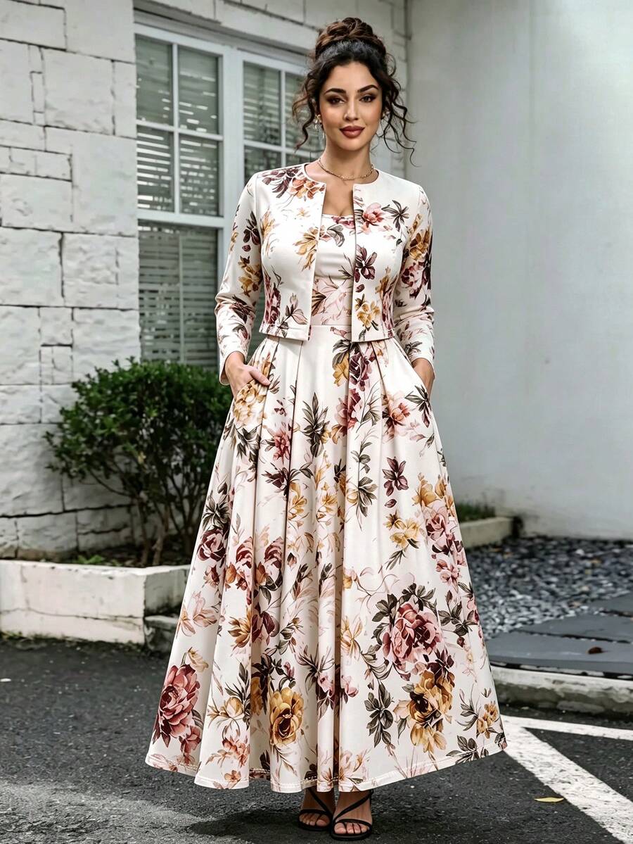 Women's Plus Size Printed Maxi Dress With Cardigan Collar Jacket, Elegant Autumn 2 Pieces Set, Modern Vacation Style - Pink - View 1