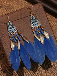 2pcs Bohemian Feather Tassel Earrings, With A Lively , Suitable For Island Vacations, Music Festivals, And Beach Gatherings - Multicolor - View 8