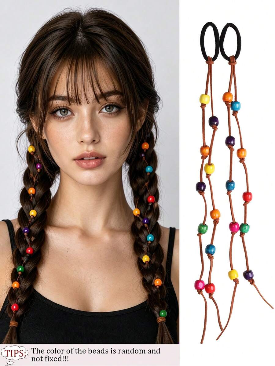 Colorful Beaded Candy-Colored Braided High-Elasticity Hair Tie, Cute Dopamine Hair Rope, Suitable For Girls To Wear Daily And On Holidays - Multicolor - View 1