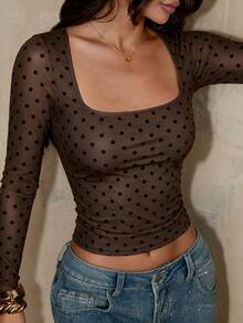 Casual Fashion Mesh Polka Dot Print Square Neck Long Sleeve Slim Fit Women's Top, Autumn/Winter New Style, Vintage Daily Commute, Outing, Holiday, Date Wear - Brown - View 5