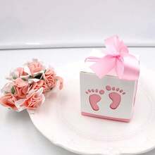 5pcs 2.36*2.36*2.36 Inch Hollow Ribbon Decor Paper Candy Boxes, Baby Birthday Boxes, European Cute Style Pink Blue Multicolor Square Gift Boxes, Stroller Footprint Carved Design, Suitable For Birthday Party Baby Shower, Can Store Candy Cookies Macarons Chocolate Packaging Boxes - Multicolor - View 5