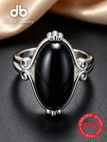 925 sterling silver ring för kvinnor, oval svart agat cabochonring, vintage filigranhantverk, lyxig personlig smygesdesign med en sten, födelsedags-, fest- och jubileumsgåva