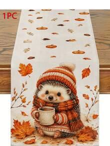 Thanksgiving Autumn Kitchen Decor Table Runner, Cute Hedgehog Knitted Sweater Pattern, Rustic Country Style, Thanksgiving Holiday Dining Table Decoration, Pumpkin Maple Leaf Pine Cone Candle Pattern, Tablecloth, Dining Room Kitchen Home Decor - Multicolor - View 16