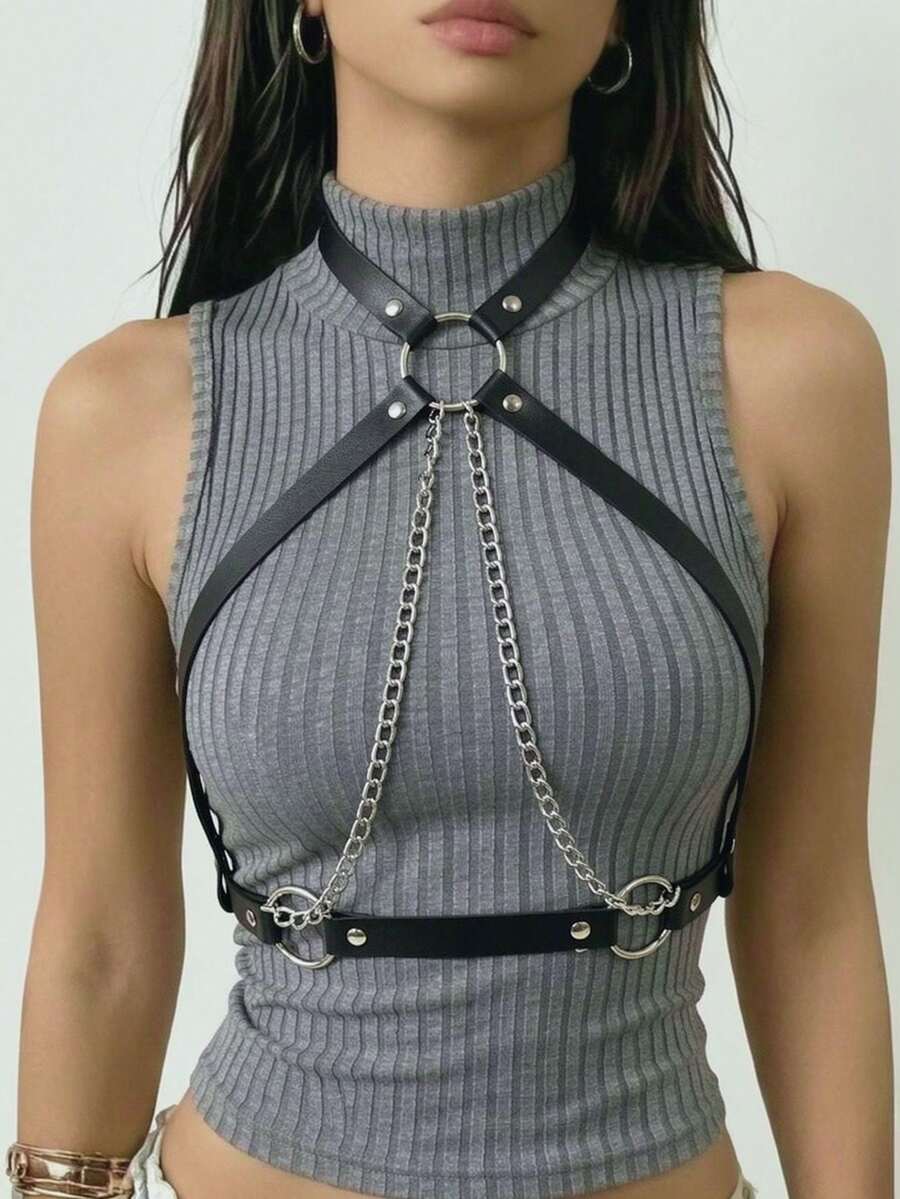 1PC Women's PU Leather Dark Romantic Harness Belt With Chains Adjustable Buckle Gothic Decortive Strap For Daily Halloween Party Costume - Black - View 1