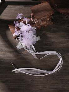1pc Bridal Headpiece With Chiffon Ribbon, Fairy-Like Wedding Hair Accessory For Updo, Hair Clip - 9847 Purple - View 4