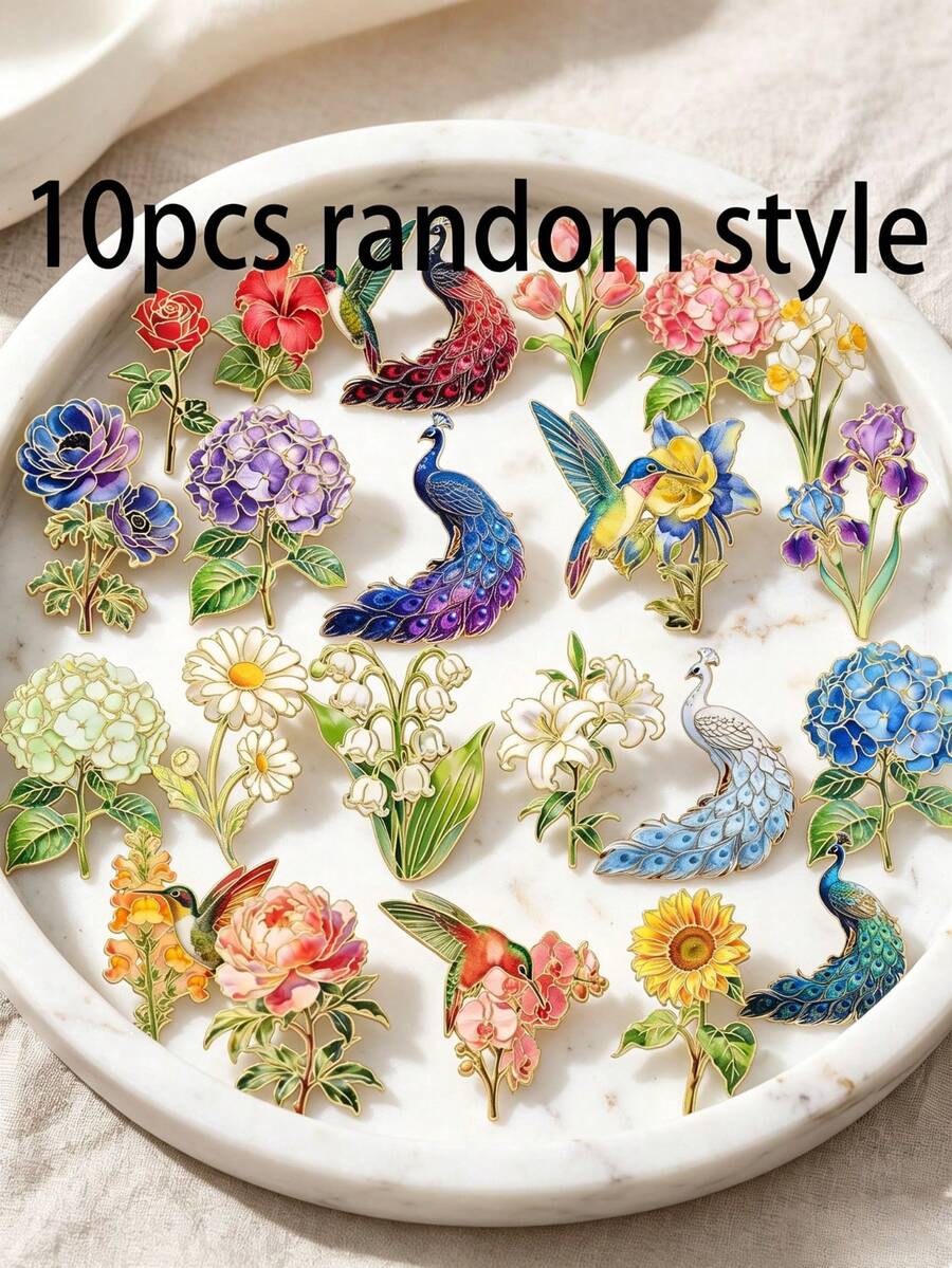 10pcs Random Style Flower Bird Peacock Brooch Set, Multiple Floral Hummingbird Peacock Designs Randomly Matched, Versatile Decorative Accessories For Coats Shawls Jackets - 10pcs Random Styles - View 1