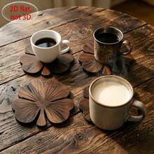 1pc Walnut Wood Coasters Suitable For Home Bars, Rustic Table Protectors With Four-Leaf Clover, Hand Washable Cup Holders For Coffee Tea Cups, Desktop Coaster Set For Gifts (Walnut-Colored), 2D Flat - View 5