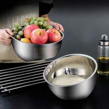 Thickened Stainless Steel Rice Washing Basin Colander, Household Kitchen Vegetable & Fruit Washing Basket, Fine Hole Strainer - Drainer Basket - Slanted Bottom - View 7