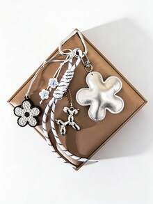 Cute PU Flower Bag Charm Keychain, Boho Braided Rope Tassel With Balloon Dog & Heart Pendant, Car Keychain, Aesthetic Bag Decoration, Gift For Women - Multicolor - View 3