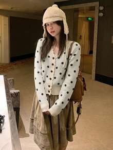 Polka Dot V-Neck Knit Cardigan Slimming Women's Short Sweater, Autumn - Apricot - View 2