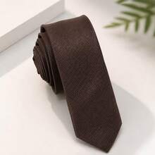 1PC Men's Fashion Solid Brown Thin Striped Versatile Narrow Tie, Suitable For Banquet, Party, School, Wedding - Coffee Brown - View 2