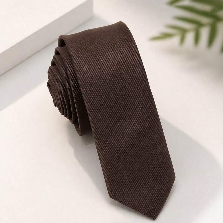 1PC Men's Fashion Solid Brown Thin Striped Versatile Narrow Tie, Suitable For Banquet, Party, School, Wedding - Coffee Brown - View 1