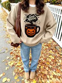 Plus Size Women Coffee Lover Halloween Good Morning Coffee Cup Pumpkin Ghost Bat Print Sweater, Suitable For Autumn/Winter Wear, Warm And Comfortable - Camel - View 4