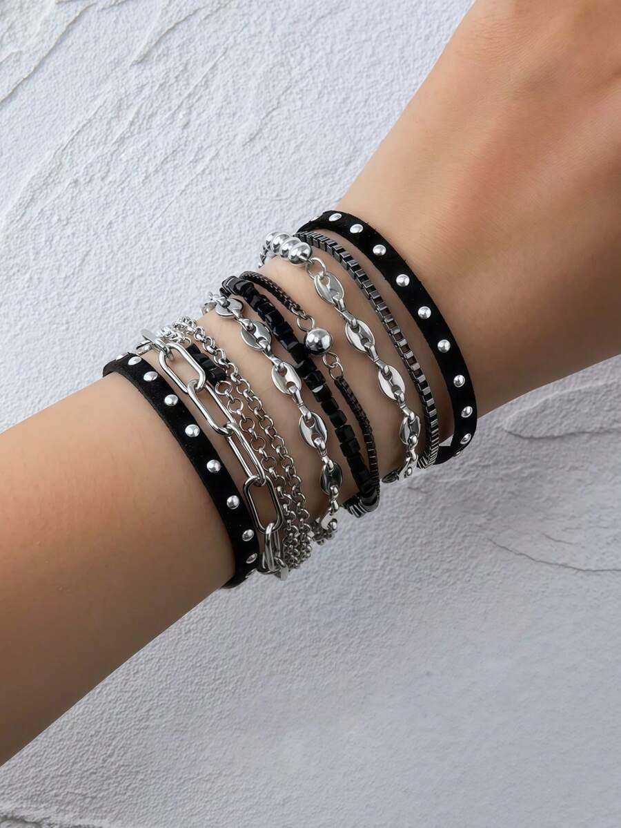 10pcs Cool Black & Silver Vintage Style Mixed Bracelet Set - Suitable For Daily Wear And Gatherings - Multicolor - View 1