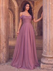 Style Elegant Spaghetti Straps Party Dress – Pleated Bust, Cross-Back Straps, Flowing Floor-Length Hem – Perfect For Weddings, Dinners, Nights - Dusty Pink - View 5