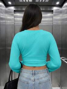 女款休閒V領蝙蝠袖收腰短版T恤，日常外出上衣 - 青綠色 - 查看 5