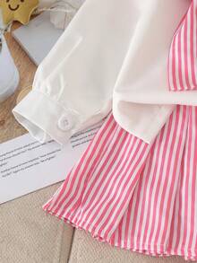 2pcs Set Baju dan Rok Bayi Perempuan Motif Garis-Garis Preppy dengan Kemeja Putih Bordir, Pakaian Ringan Manis untuk Kembali ke Sekolah di Musim Semi/Gugur - Berwarna merah muda - View 10