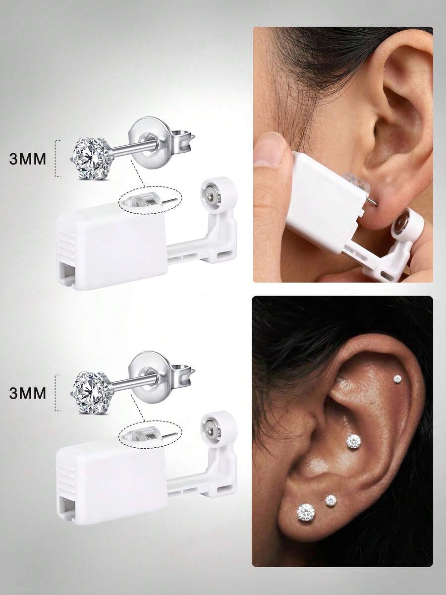 2/4/6/8pcs Hypoallergenic Self-Piercing Nose Stud Set, Disposable Nose Piercing Gun With Piercing Tool, Suitable For Cartilage, Tragus, Helix Piercing, Piercing Gun With Piercing Jewelry (Silver With 4mm CZ Diamond) - Multicolor - View 1