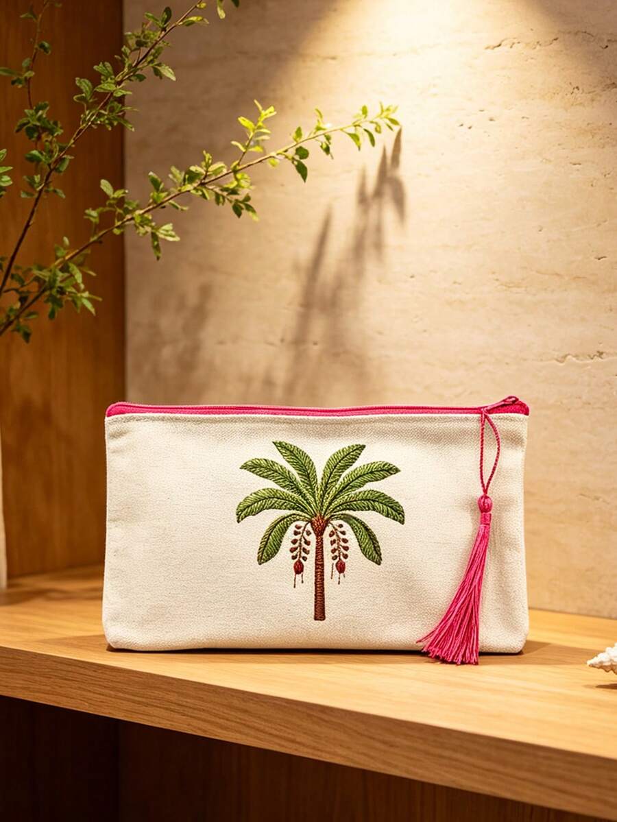 Tas Kosmetik Kanvas Beige dengan Resleting, Dicetak dengan Motif Pohon Kelapa, Dilengkapi Rumbai, Dapat Digunakan Sebagai Tas Perlengkapan Mandi, Tas Penyimpanan Perjalanan, Tas Alat Tulis - MultiWarna - View 1