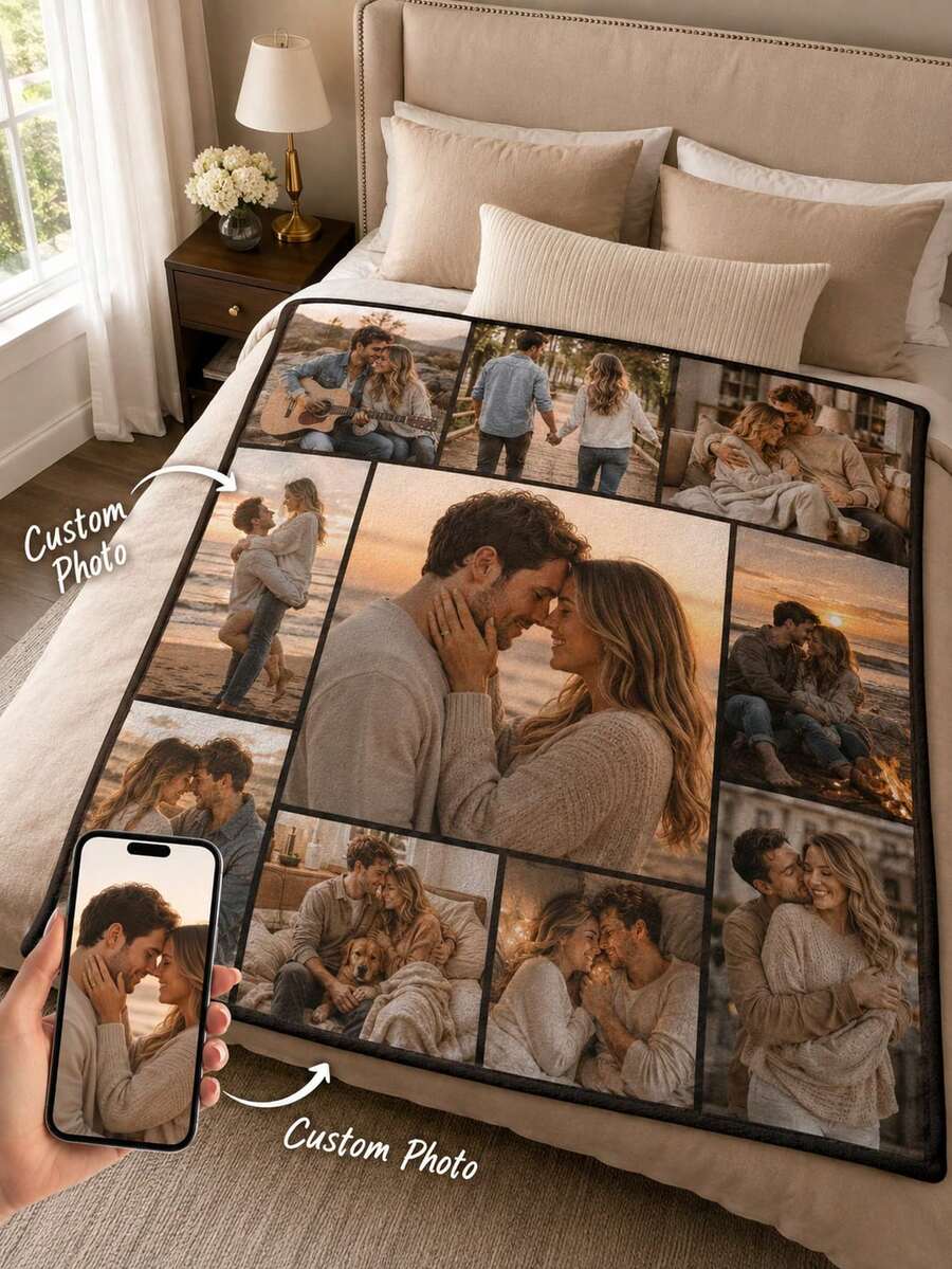 Personalized Custom Photo Flannel Blanket, 280g Soft Photo Collage Throw With Multiple Pictures, Cozy Custom Memory Blanket For Couple Or Family, Anniversary, Wedding, Birthday, Sofa Bedroom Decor And Meaningful Gift - Multicolor - View 1