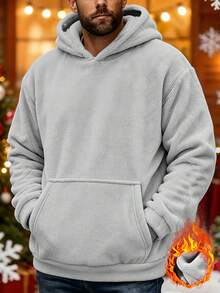 ARUNOW Men's Solid Color Polar Fleece Hooded Sweatshirt, Large Kangaroo Pocket Pullover, Casual Street Style Loose Fit Hooded Top, Suitable For Daily Commute And Weekend Outdoor - Light Grey - View 3