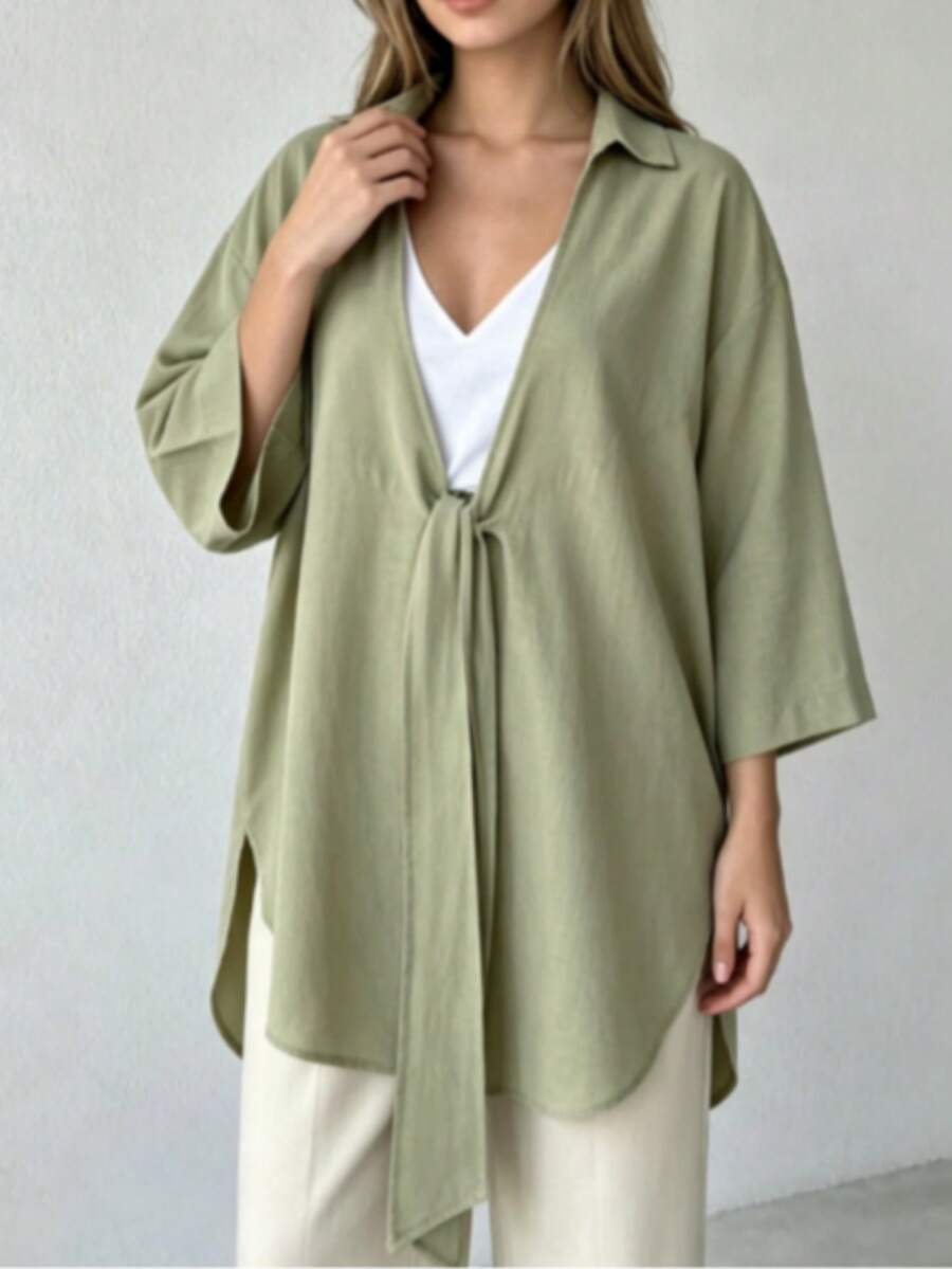 Casual Fashionable Women's Green Kimono-Style Long Blouse, With Shirt Collar And Tie Design, Ideal For Spring And Autumn, Comfortable To Wear Fall - Green - View 1