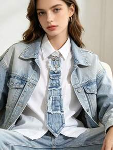 1PC Washed Distressed Denim Frayed Pocket Star Chain Decor Tie, Street Y2K Subculture Outfit Accessory - Multicolor - View 1