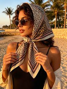 1pc Leopard Print Striped Square Satin Scarf, Vintage Headscarf/Neck Scarf, Soft Women's Fashion Accessory For Daily, Party, Travel - Multicolor - View 3