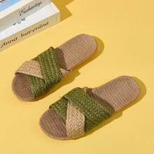 Summer Linen Slippers Lightweight Non-Slip Indoor Slippers Soft Sole Home Slippers Fashion Minimalist Bedroom Slippers - Olive Green - View 4