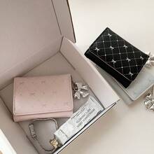 Kawaii Bow Charm Trifold Wallet, Diamond Grid Print Small Card Purse - Multicolor - View 12