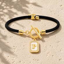 Initial Charm Black Rope Gold Plated Letter Bracelets For Women Men Toggle Closure Cubic Zirconia Tag - Yellow Gold - View 15