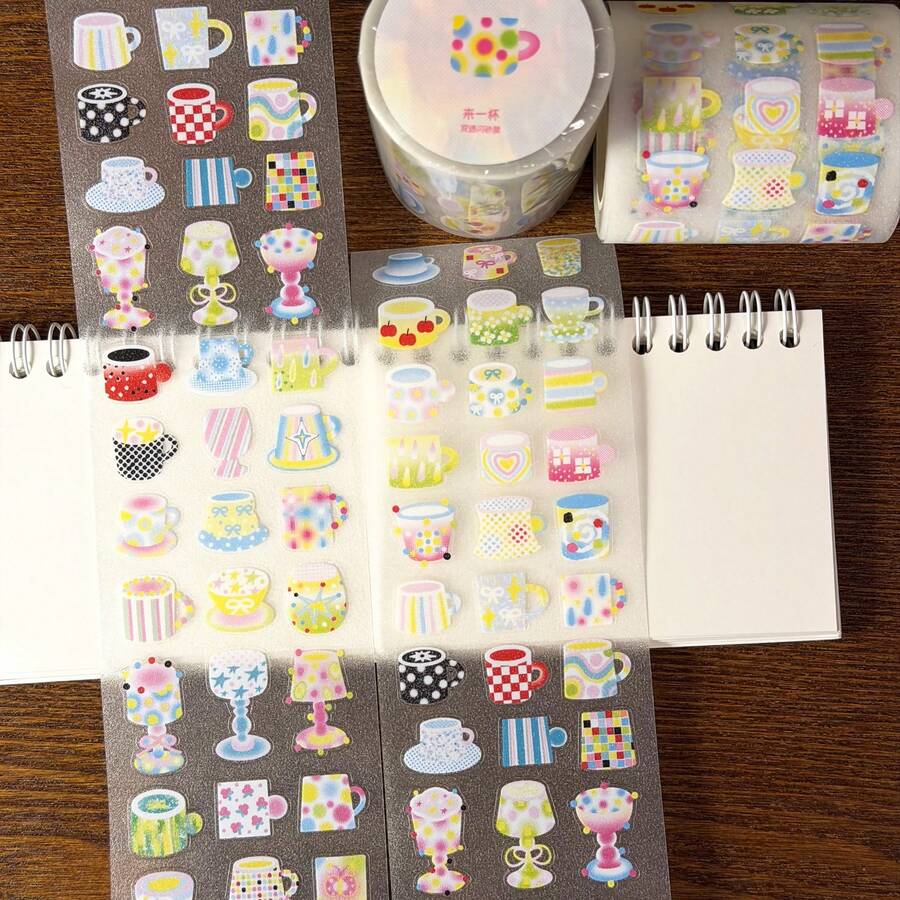 35cm/Loop Cute Pastel Cup Sticker Roll, Kawaii Colorful Mug & Goblet Decorative Stickers, Sweet Aesthetic Scrapbook Journal DIY Supplies - Square - View 1