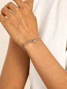 1pc Personalized Heart Beaded Bracelet, Fashion Bohemian Style Heart Bracelet 4pcs Set, Simple Versatile Stainless Steel Double Layer Heart Stackable Bracelet, Unisex Jewelry - Multicolor - View 4