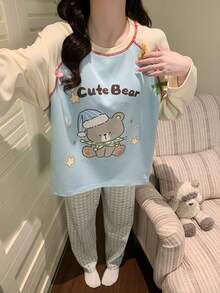 2pcs Women's Pajama Loungewear Set, Cute Pattern Print Pullover Round Neck Simple Long Sleeve Long Pants, All Season Wear - Multicolor - View 10