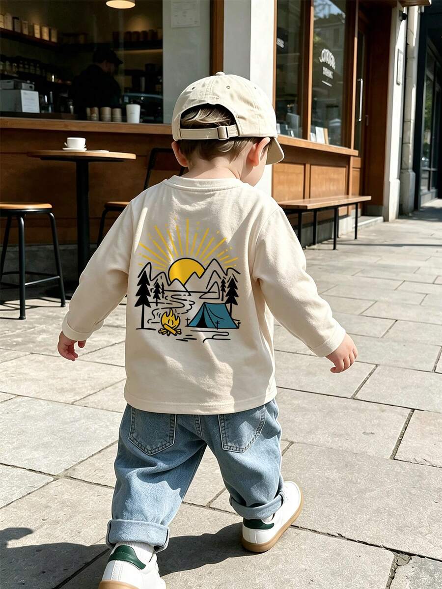 1pc Baby Boy Casual Printed Crew Neck Pullover Long Sleeve T-Shirt Autumn Children's Top - Apricot - View 1