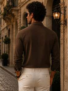 Men's Slim-Fit Casual Long-Sleeve Button-Up Shirt - Soft Textured Cotton-Linen Blend Breathable Shirt For Modern Smart-Casual & Everyday Wear - Brown - View 4