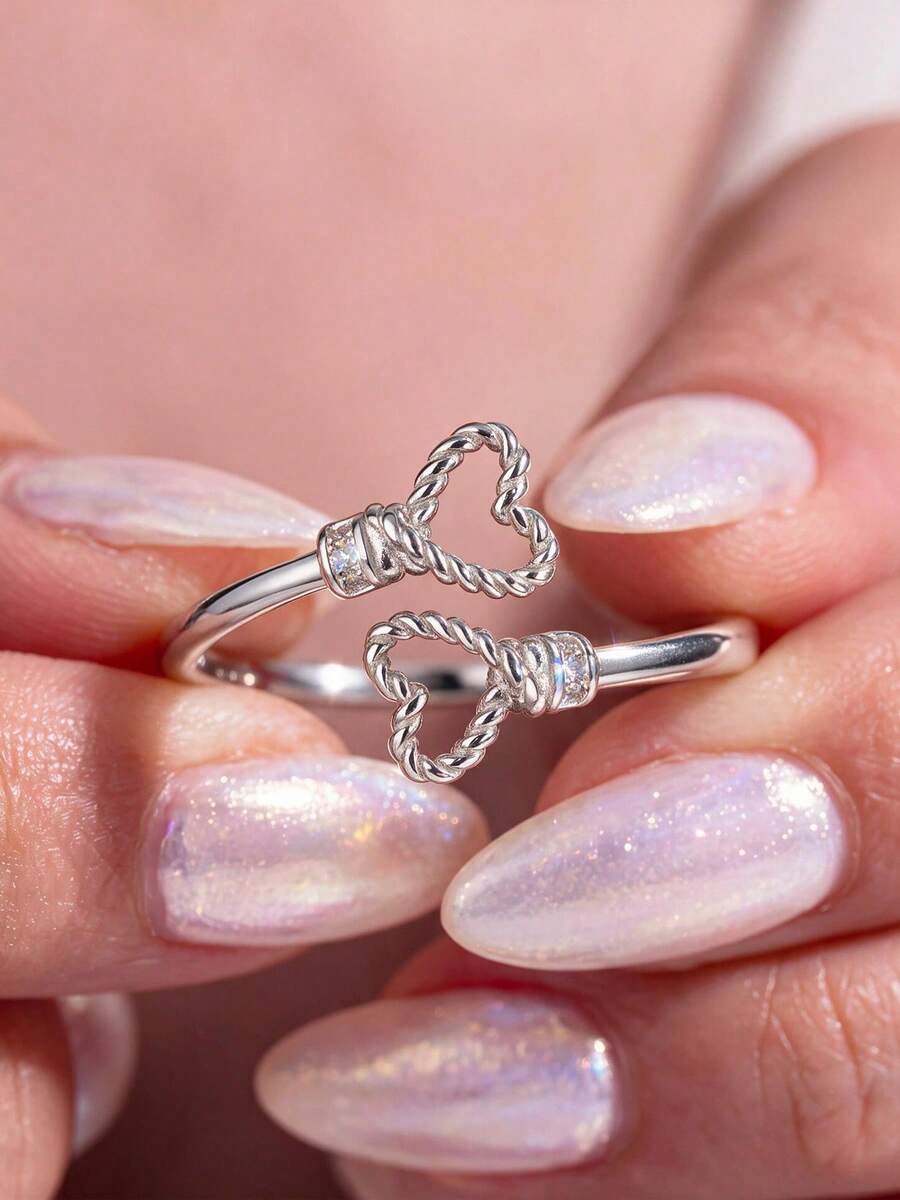 Elegant S925 Sterling Silver Braided Heart Ring, Gift For Dating, Party, Daily Wear, Engagement, Wedding, Bride Jewelry, Random Box Style - White - View 1