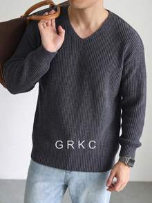 GRKC 秋冬男士歐美街頭風小眾純色羅紋紋理休閒寬鬆圓領針織衫 極簡百搭套頭落肩長袖上衣 - 灰色 - 查看 2