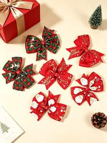 3pcs Christmas Series Reindeer & Santa Claus Print Ribbon Hexagonal Knot Bow Hair Clips, Suitable For Daily, Holiday And Party Use - Multicolor - View 2