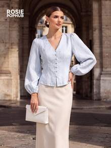 ROSIE POPHUB Women's Light Blue Jacquard V Neck Blouse, New Chinese Style Puff Long Sleeve Button Front Elegant Commute Top For Daily, Fall & Winter - Baby Blue - View 3