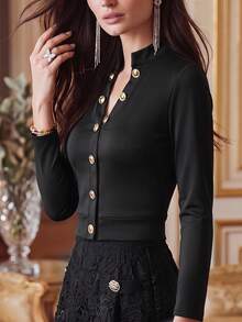 Women's Casual Black Top - Long Sleeve Stand Collar Button Crop Top, Suitable For Office Wear - Black - View 3