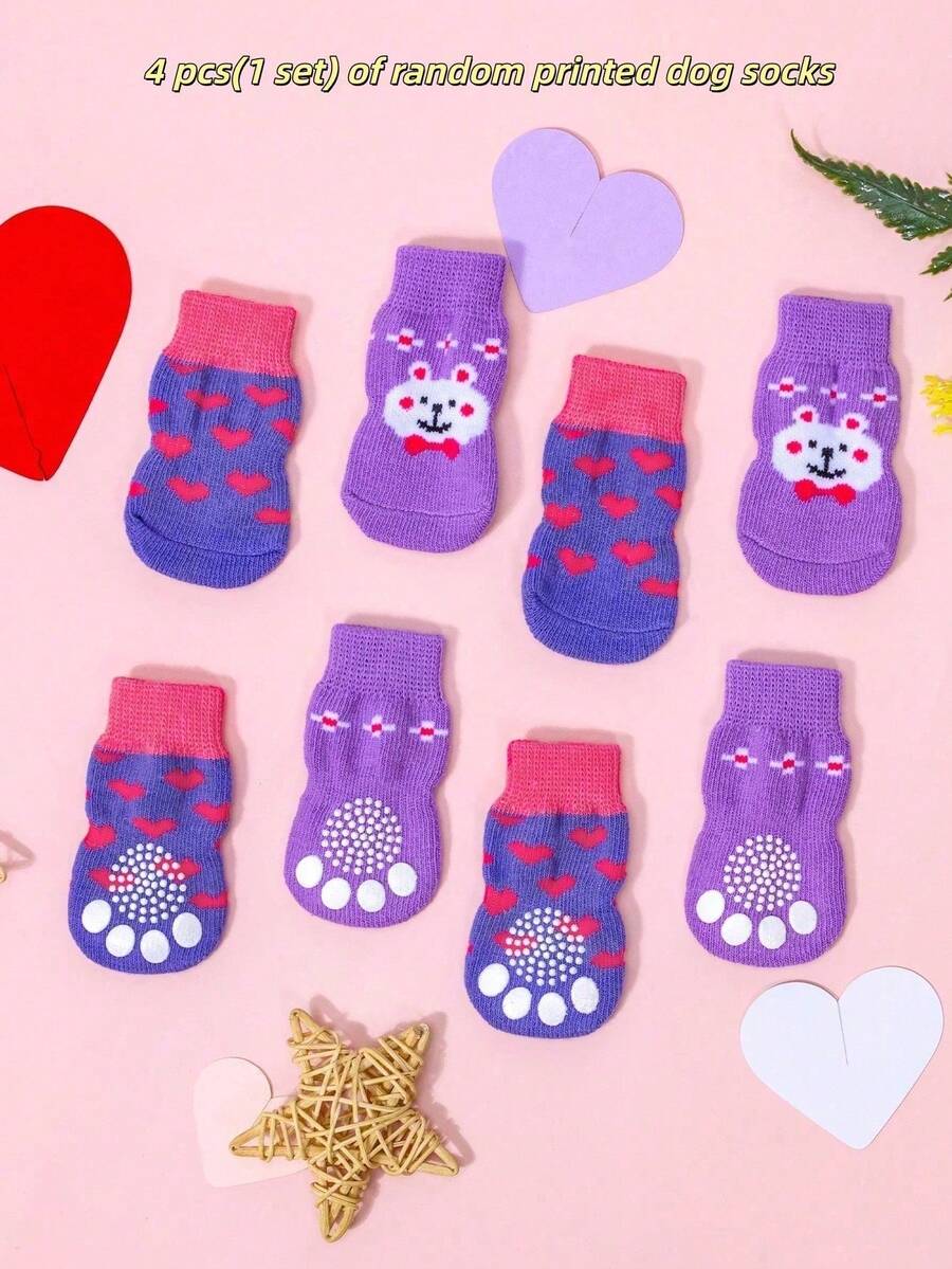 4pcs Random Pet Anti-Slip Socks, Random Heart And Rabbit Pattern, Cute Pet Socks - Multicolor - View 1