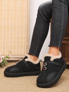 Women's Solid Color Faux Suede Low-Top Ankle Boots, Faux Fur Trim Collar, Rhinestone Decorated Buckle, Hook And Loop Strap, Thick Platform Flat Sole - Black - View 7