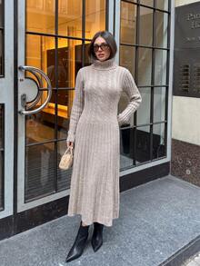 Early Fall Old Money Cable Knit Turtleneck Midi Dress, Women Long Sleeve Slim Fit Knit Dress - Oatmeal - View 4